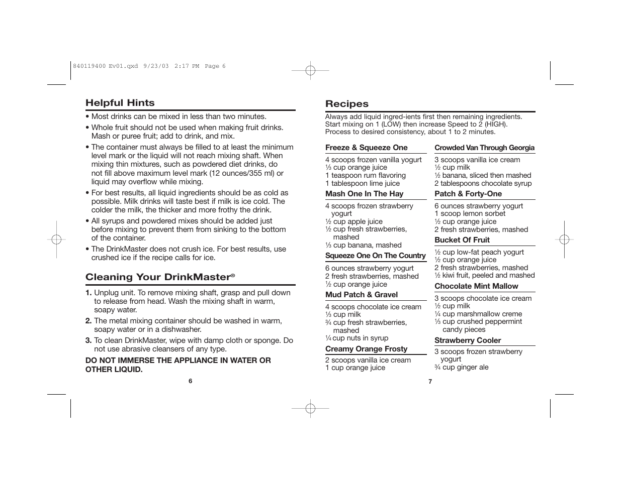 Helpful hints, Cleaning your drinkmaster, Recipes | Hamilton Beach DRINKMASTER 840119400 User Manual | Page 4 / 14
