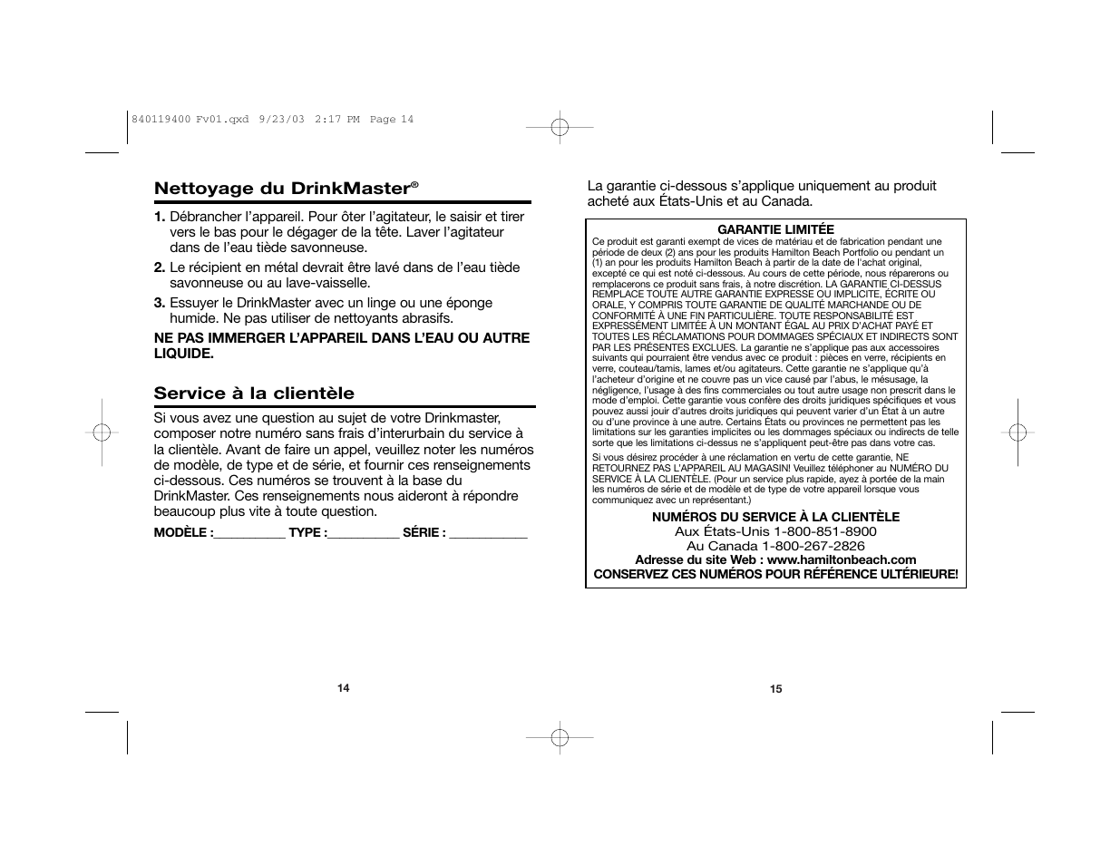 Hamilton Beach DRINKMASTER 840119400 User Manual | Page 9 / 14