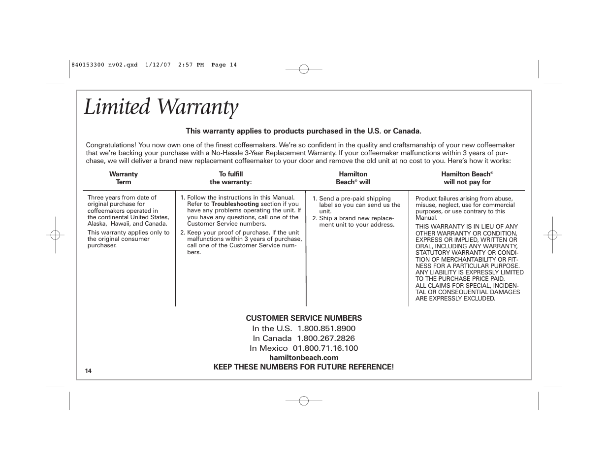 Limited warranty | Hamilton Beach Eclectrics User Manual | Page 14 / 44