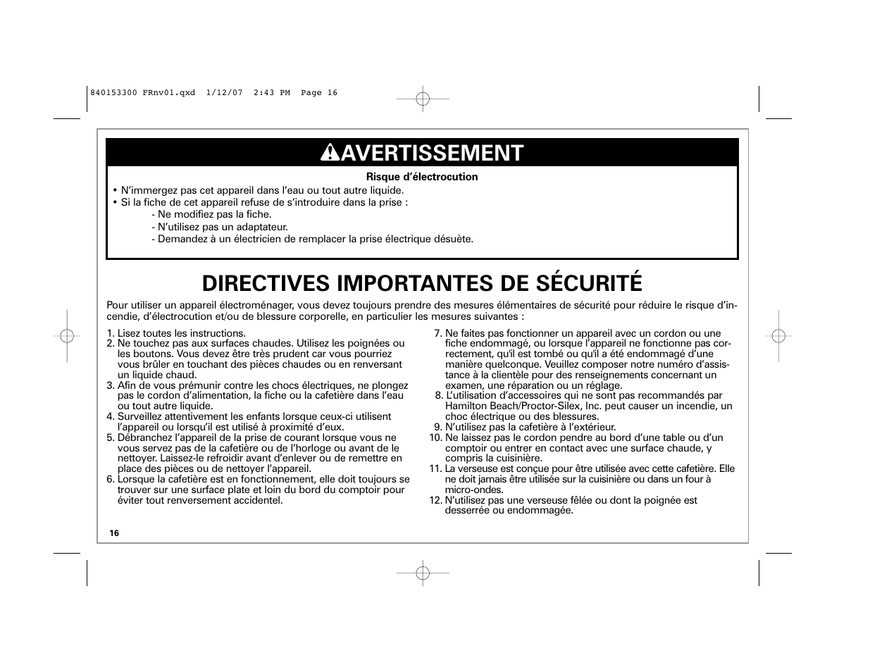 W avertissement, Directives importantes de sécurité | Hamilton Beach Eclectrics User Manual | Page 16 / 44