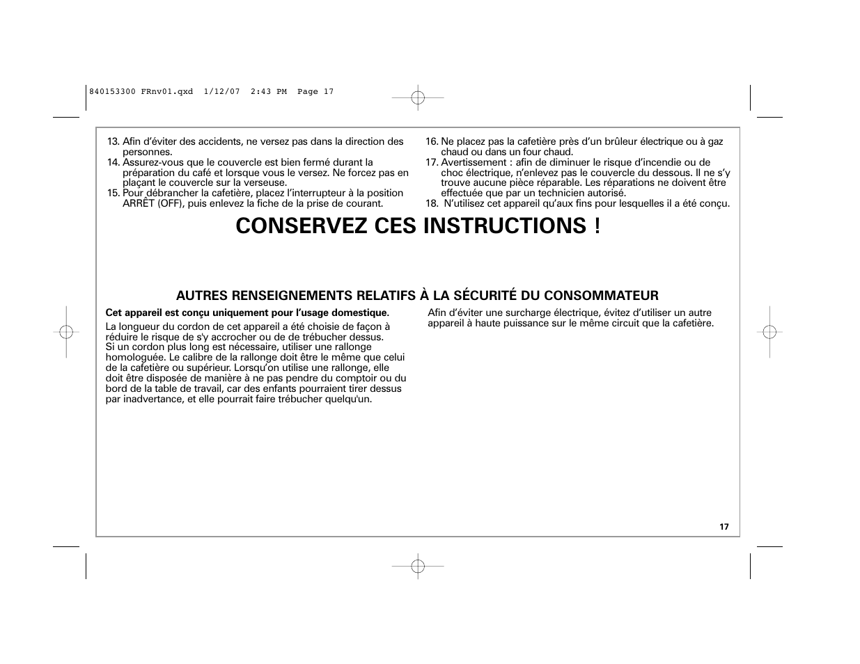 Conservez ces instructions | Hamilton Beach Eclectrics User Manual | Page 17 / 44