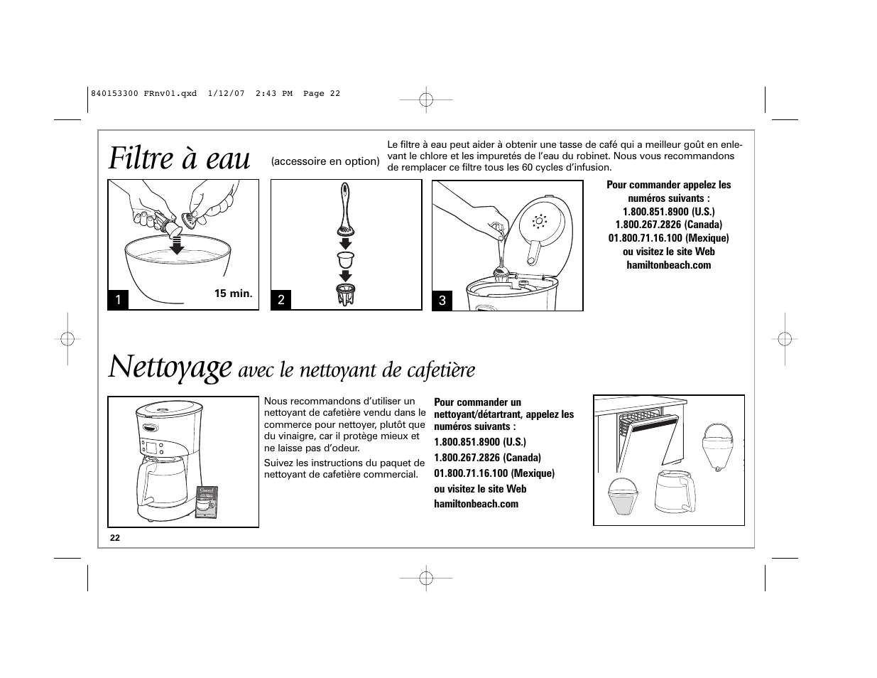 Filtre à eau, Nettoyage, Avec le nettoyant de cafetière | Hamilton Beach Eclectrics User Manual | Page 22 / 44