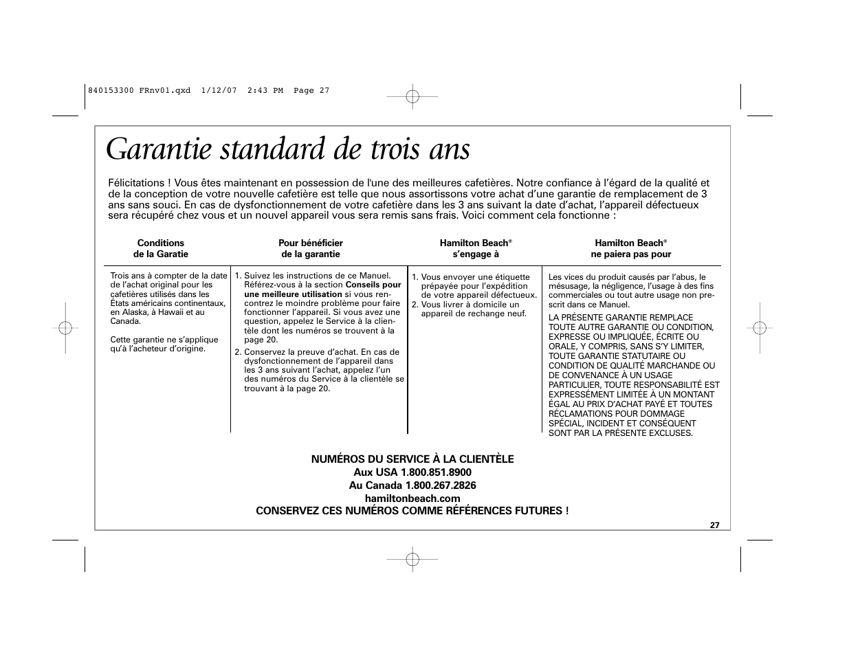 Garantie standard de trois ans | Hamilton Beach Eclectrics User Manual | Page 27 / 44