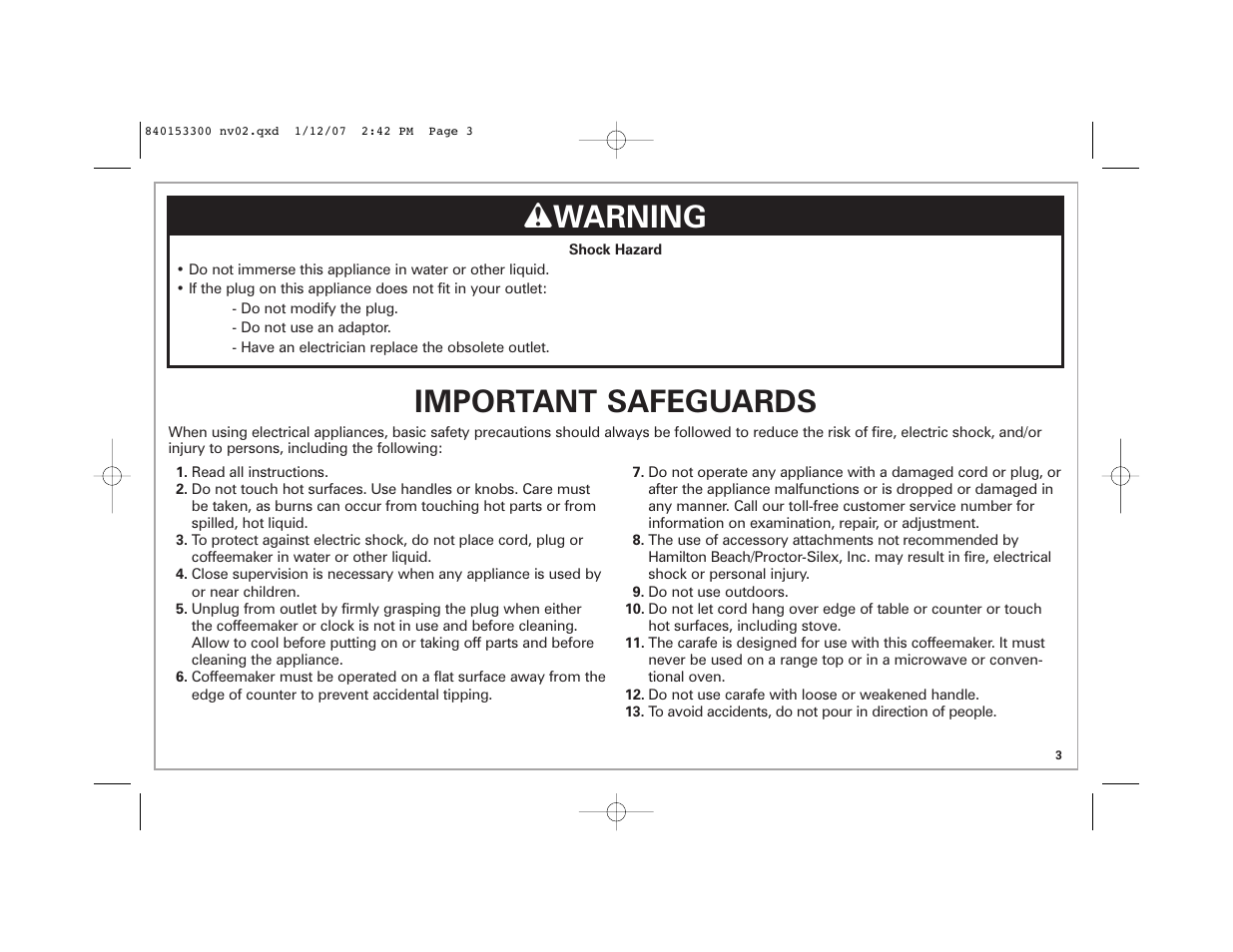 W warning, Important safeguards | Hamilton Beach Eclectrics User Manual | Page 3 / 44