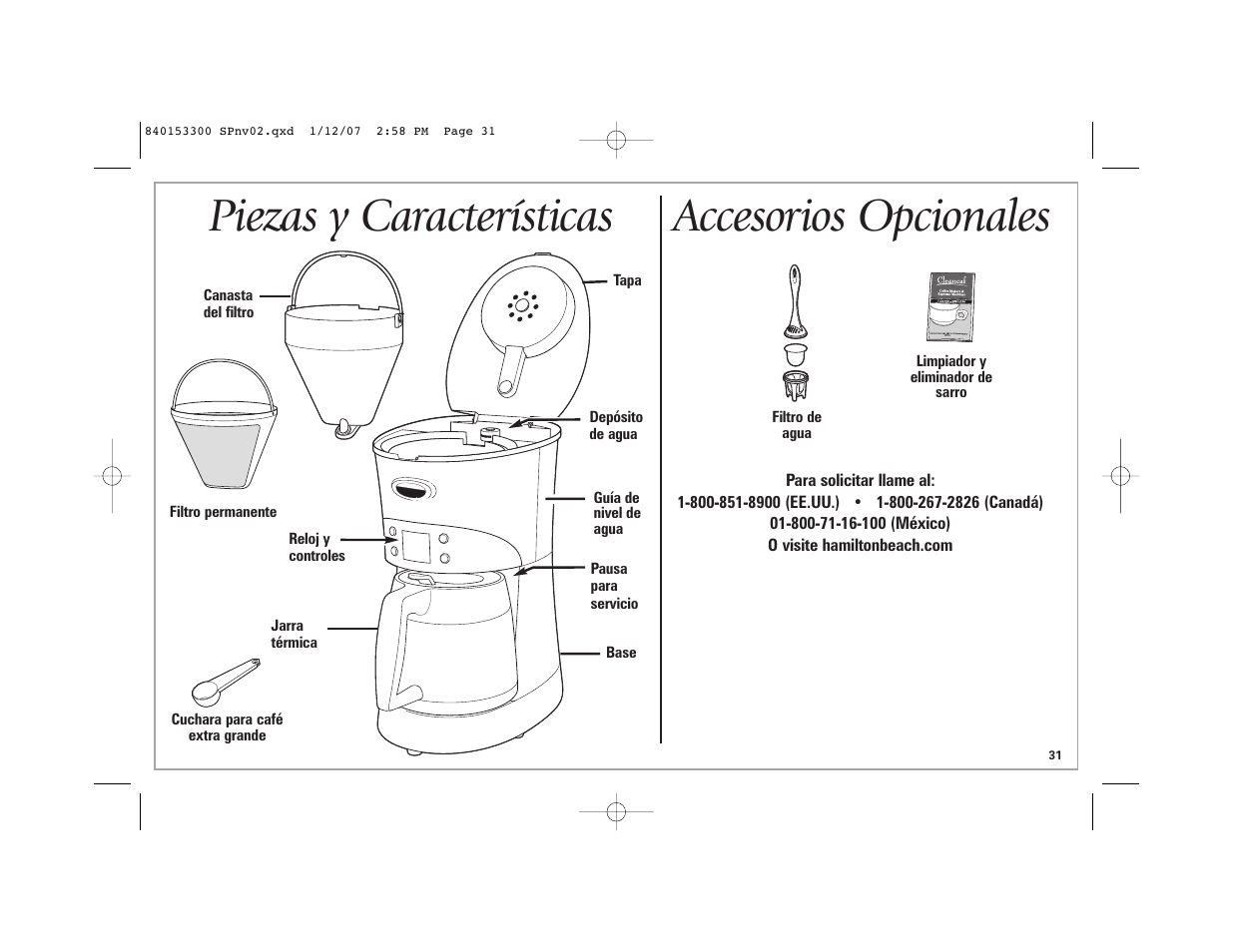 Piezas y características, Accesorios opcionales | Hamilton Beach Eclectrics User Manual | Page 31 / 44