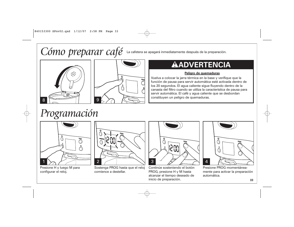 Cómo preparar café, Programación, W advertencia | Hamilton Beach Eclectrics User Manual | Page 33 / 44