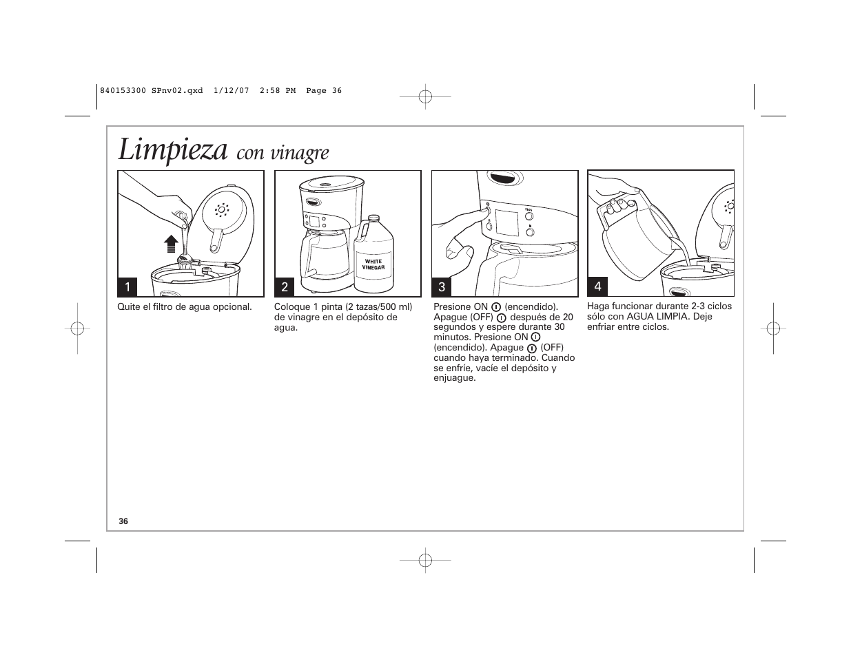Limpieza, Con vinagre | Hamilton Beach Eclectrics User Manual | Page 36 / 44