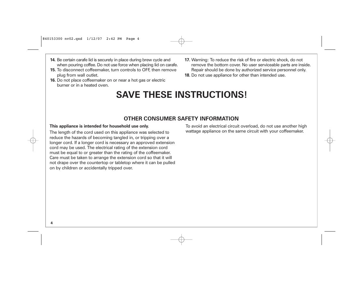 Save these instructions | Hamilton Beach Eclectrics User Manual | Page 4 / 44