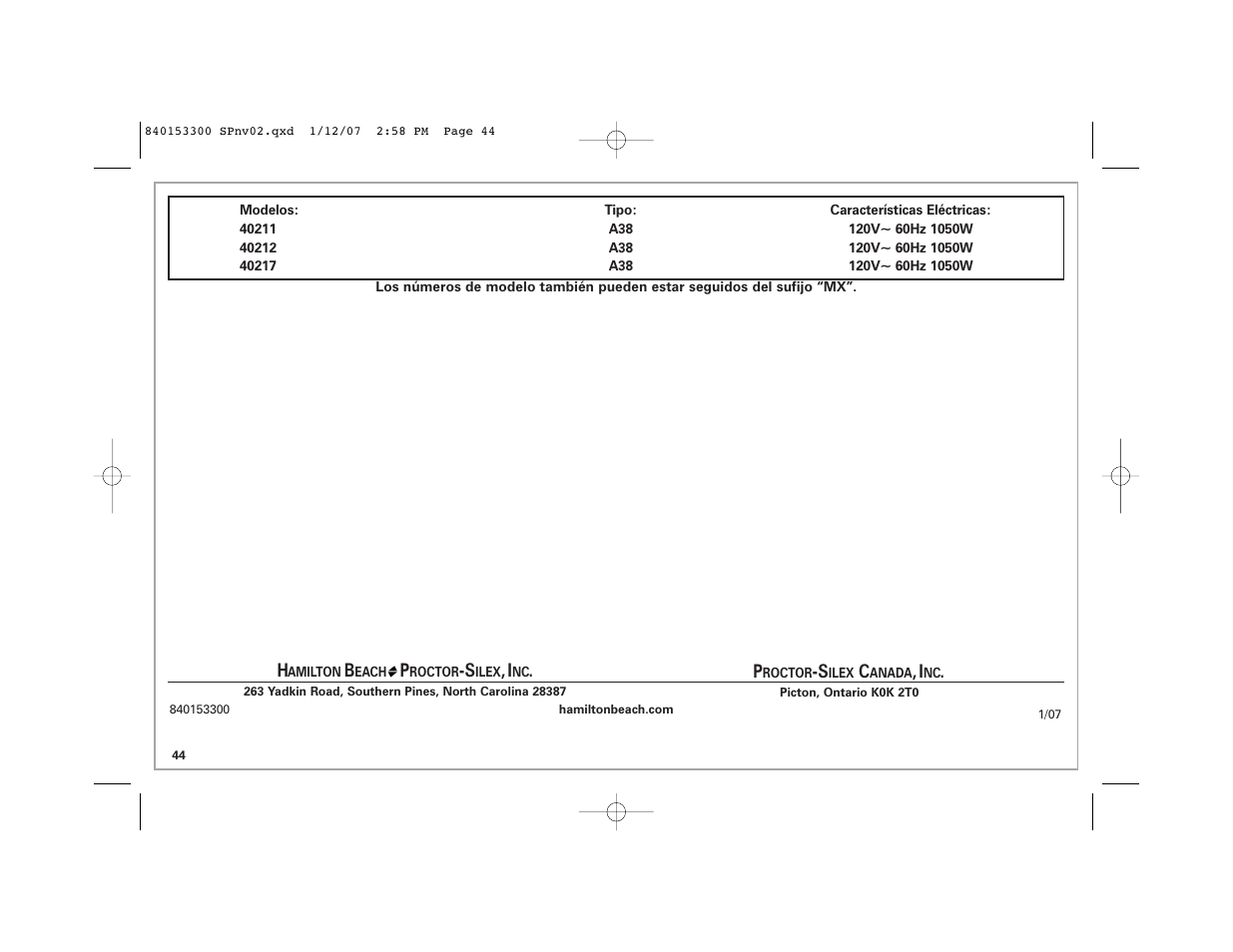 Hamilton Beach Eclectrics User Manual | Page 44 / 44