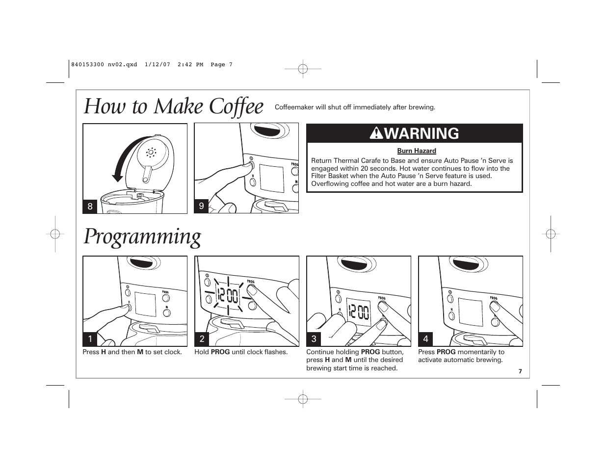 How to make coffee, Programming, W warning | Hamilton Beach Eclectrics User Manual | Page 7 / 44