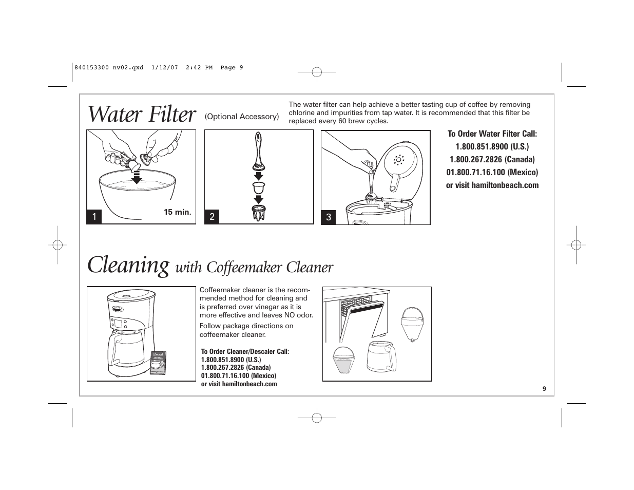 Water filter, Cleaning, With coffeemaker cleaner | Hamilton Beach Eclectrics User Manual | Page 9 / 44