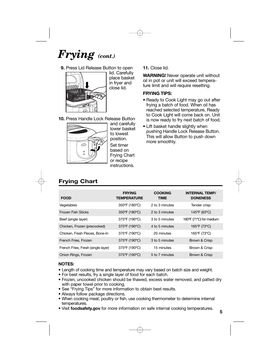 Frying, Frying chart, Cont.) | Hamilton Beach 840114001 User Manual | Page 5 / 28