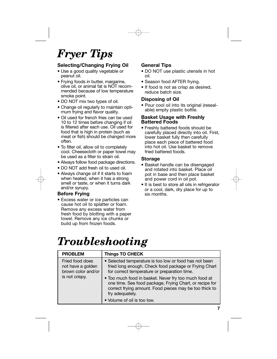 Fryer tips, Troubleshooting | Hamilton Beach 840114001 User Manual | Page 7 / 28