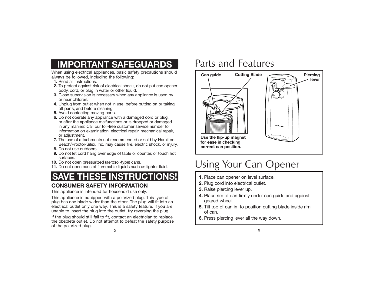 Parts and features, Using your can opener, Important safeguards | Save these instructions | Hamilton Beach 840055600 User Manual | Page 2 / 4