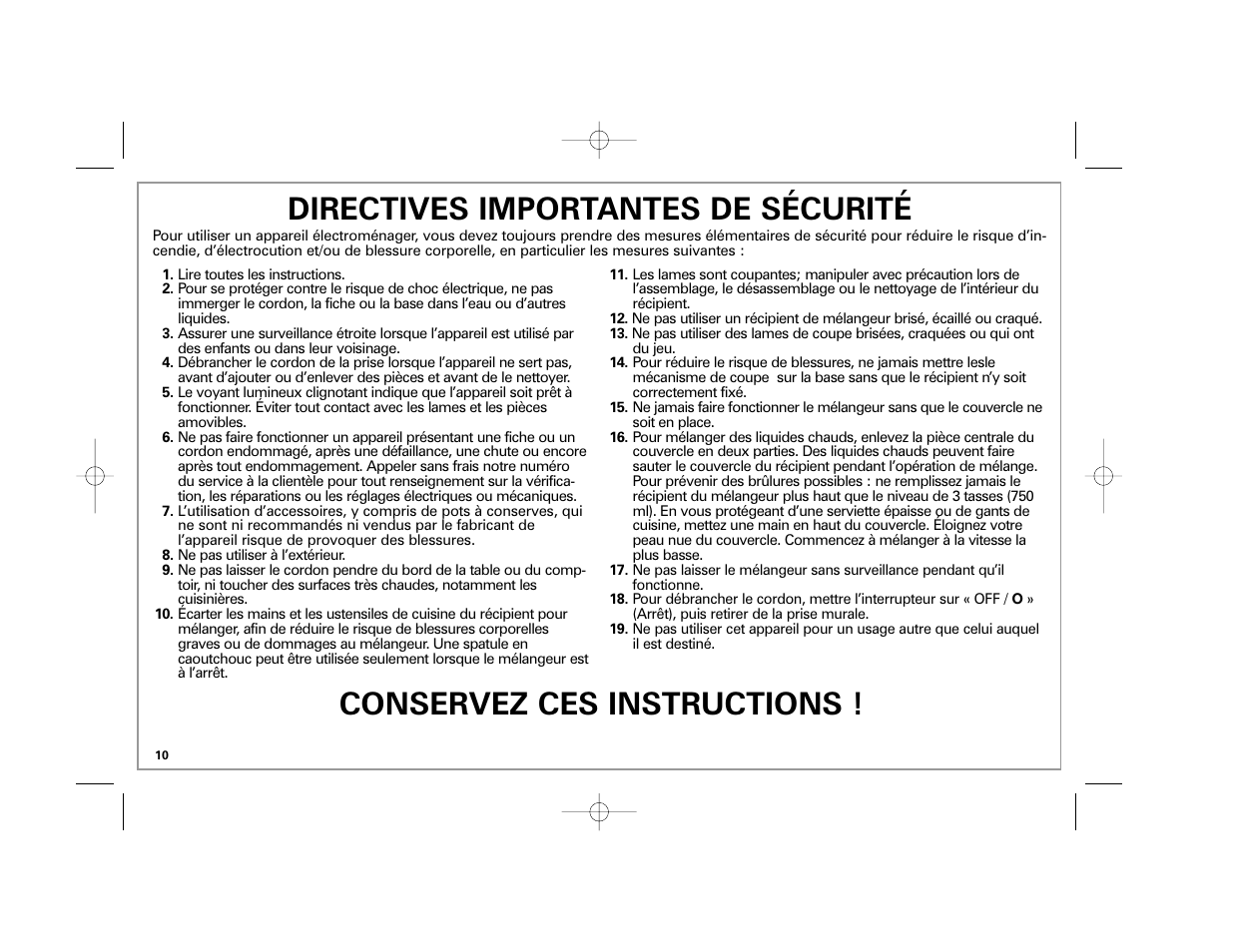 Conservez ces instructions, Directives importantes de sécurité | Hamilton Beach 59205C User Manual | Page 10 / 28
