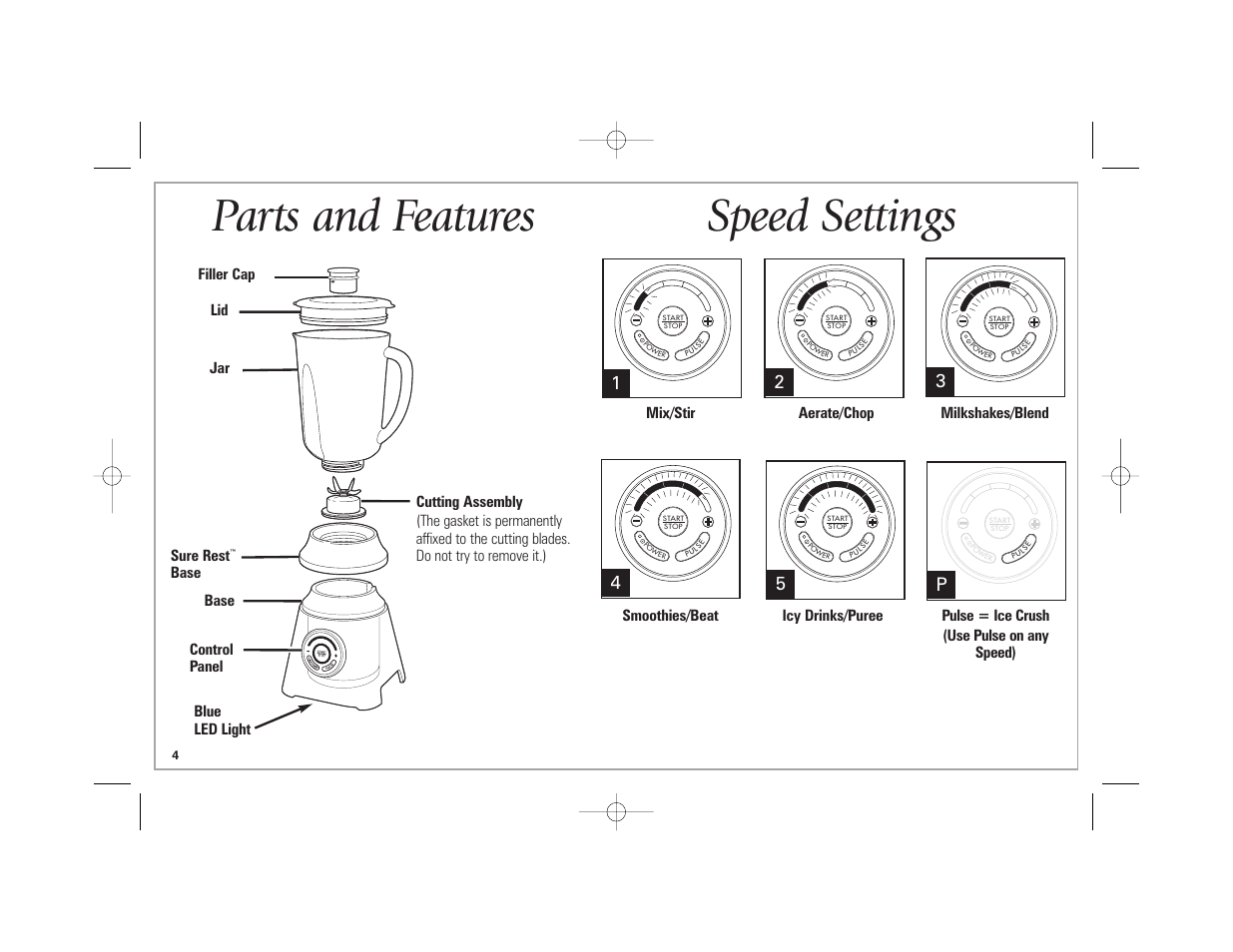 Parts and features, Speed settings, Filler cap lid jar sure rest | Mix/stir, Aerate/chop, Milkshakes/blend, Smoothies/beat, Icy drinks/puree, Pulse = ice crush (use pulse on any speed) | Hamilton Beach 59205C User Manual | Page 4 / 28