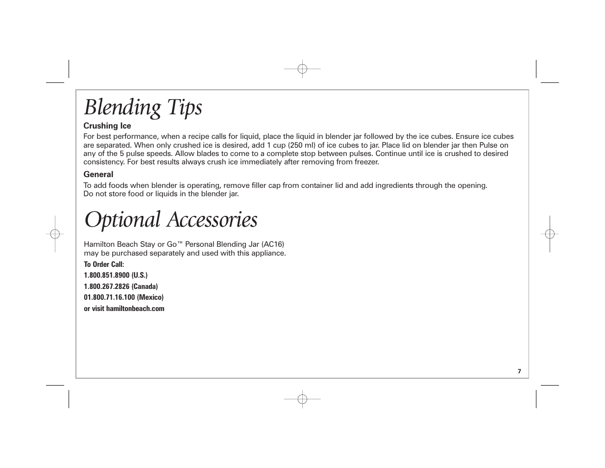 Blending tips, Optional accessories | Hamilton Beach 59205C User Manual | Page 7 / 28