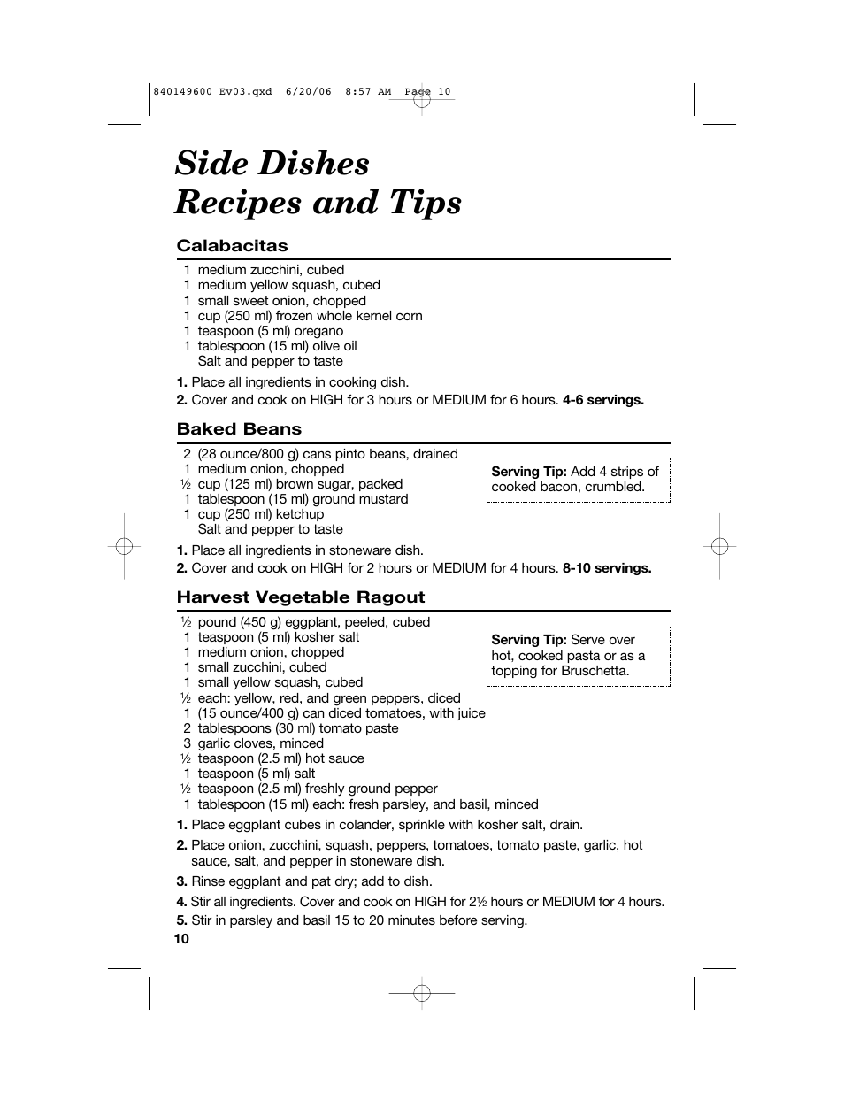 Side dishes recipes and tips, Calabacitas, Baked beans | Harvest vegetable ragout | Hamilton Beach Party Crock 840149600 User Manual | Page 10 / 52