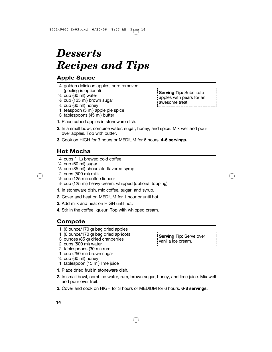Desserts recipes and tips, Apple sauce, Hot mocha | Compote | Hamilton Beach Party Crock 840149600 User Manual | Page 14 / 52