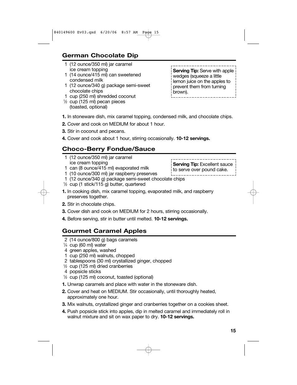German chocolate dip, Choco-berry fondue/sauce, Gourmet caramel apples | Hamilton Beach Party Crock 840149600 User Manual | Page 15 / 52