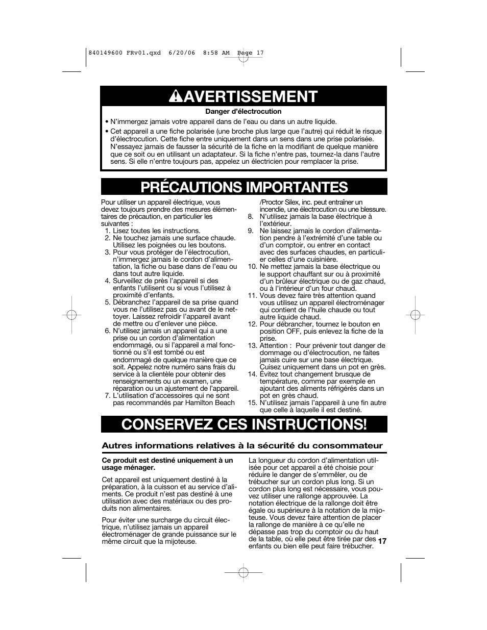 W avertissement, Conservez ces instructions, Précautions importantes | Hamilton Beach Party Crock 840149600 User Manual | Page 17 / 52