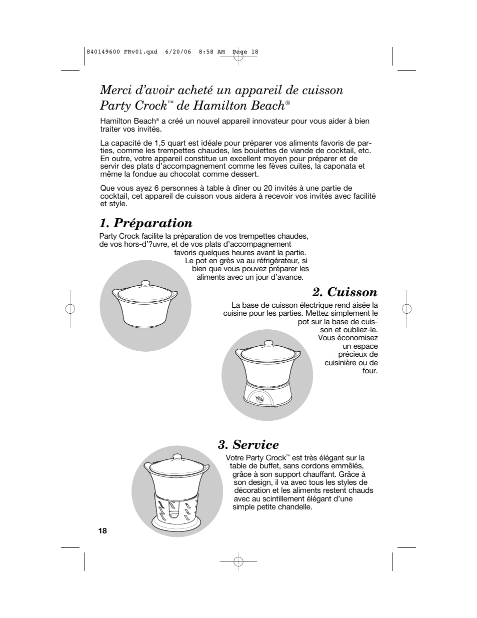 Service, Préparation, Cuisson | De hamilton beach | Hamilton Beach Party Crock 840149600 User Manual | Page 18 / 52