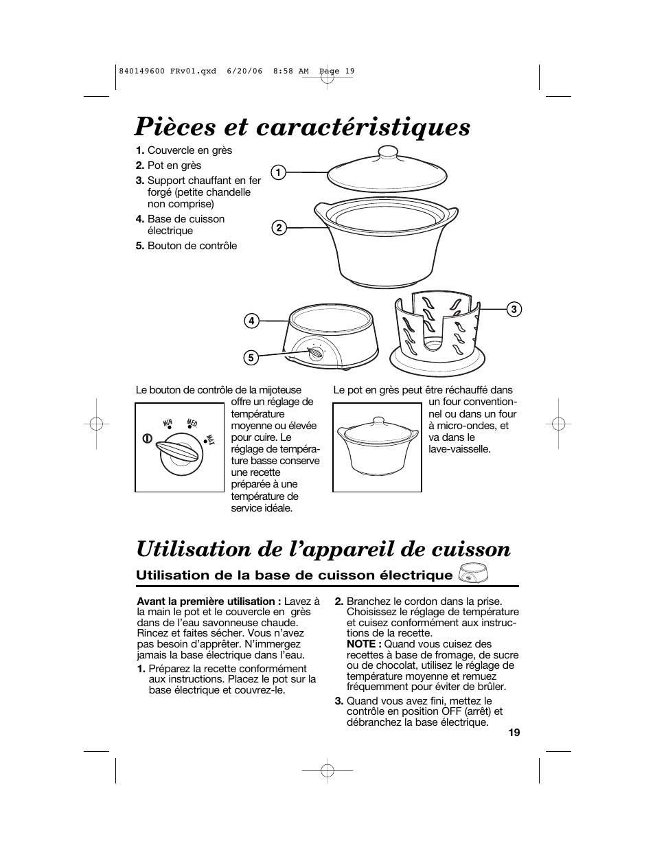 Pièces et caractéristiques, Utilisation de l’appareil de cuisson | Hamilton Beach Party Crock 840149600 User Manual | Page 19 / 52
