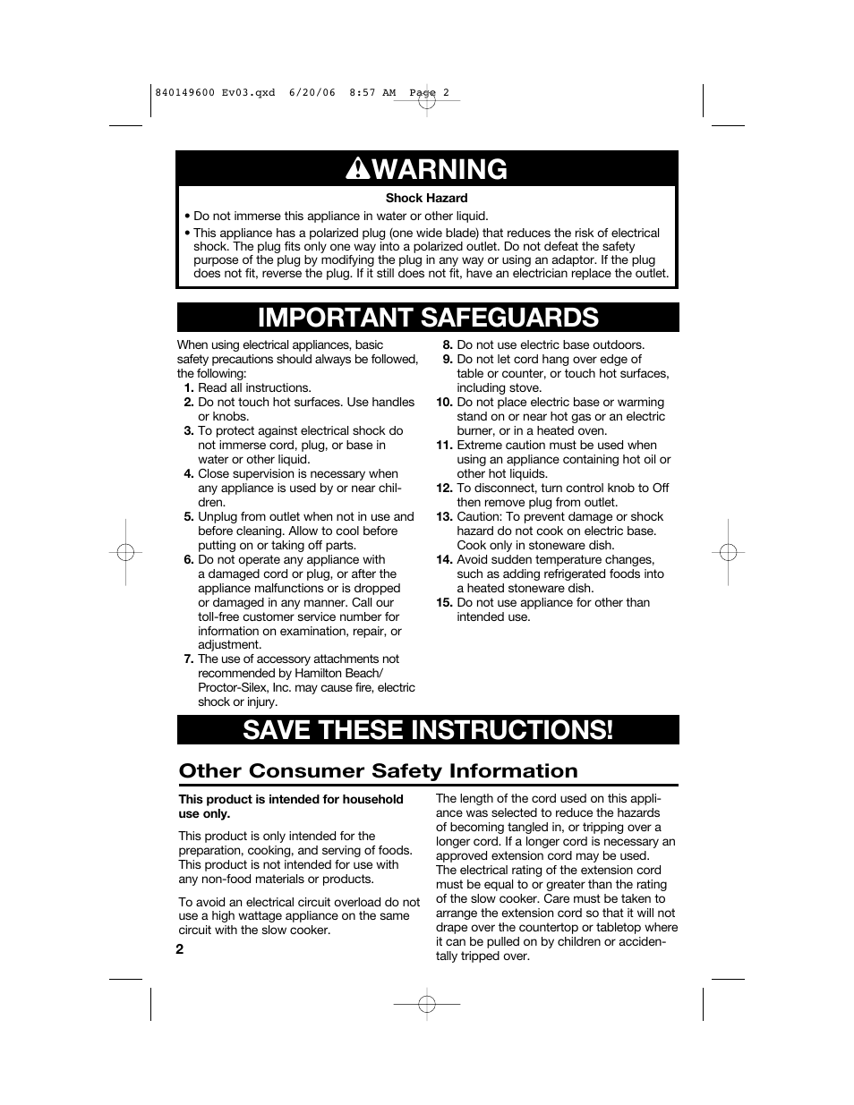 W warning, Important safeguards save these instructions, Other consumer safety information | Hamilton Beach Party Crock 840149600 User Manual | Page 2 / 52