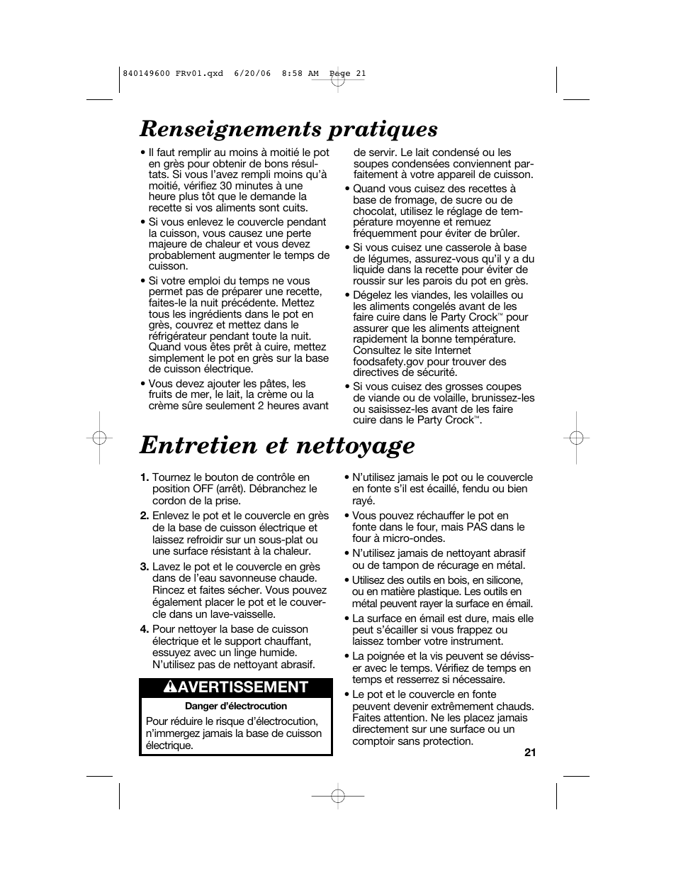Entretien et nettoyage, Renseignements pratiques, W avertissement | Hamilton Beach Party Crock 840149600 User Manual | Page 21 / 52
