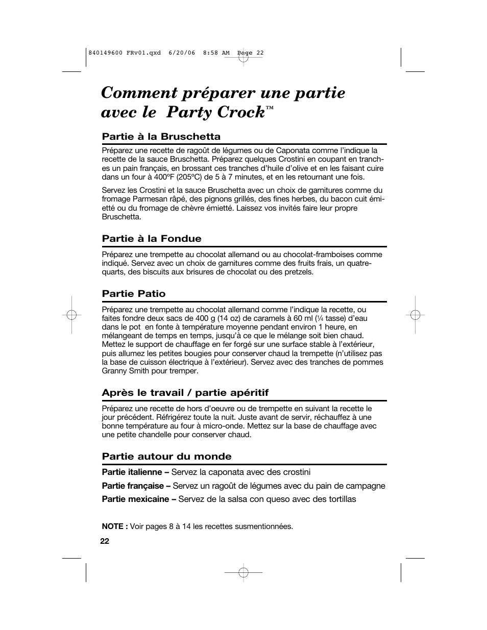Comment préparer une partie avec le party crock | Hamilton Beach Party Crock 840149600 User Manual | Page 22 / 52