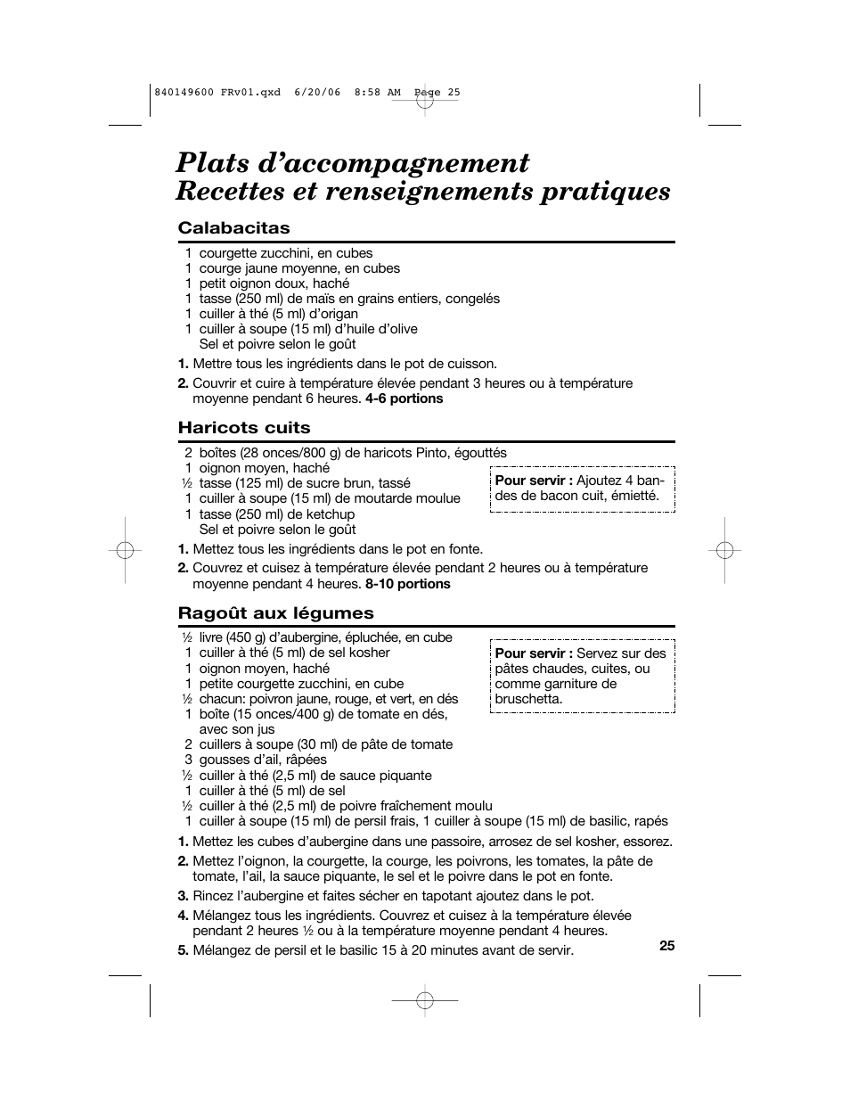 Plats d’accompagnement, Recettes et renseignements pratiques, Calabacitas | Haricots cuits, Ragoût aux légumes | Hamilton Beach Party Crock 840149600 User Manual | Page 25 / 52