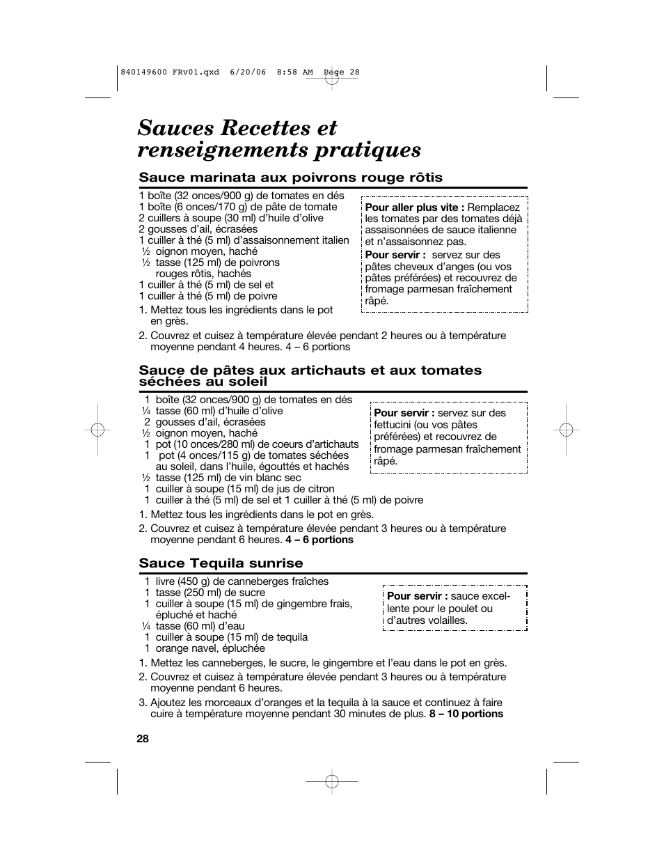 Sauces recettes et renseignements pratiques, Sauce marinata aux poivrons rouge rôtis, Sauce tequila sunrise | Hamilton Beach Party Crock 840149600 User Manual | Page 28 / 52