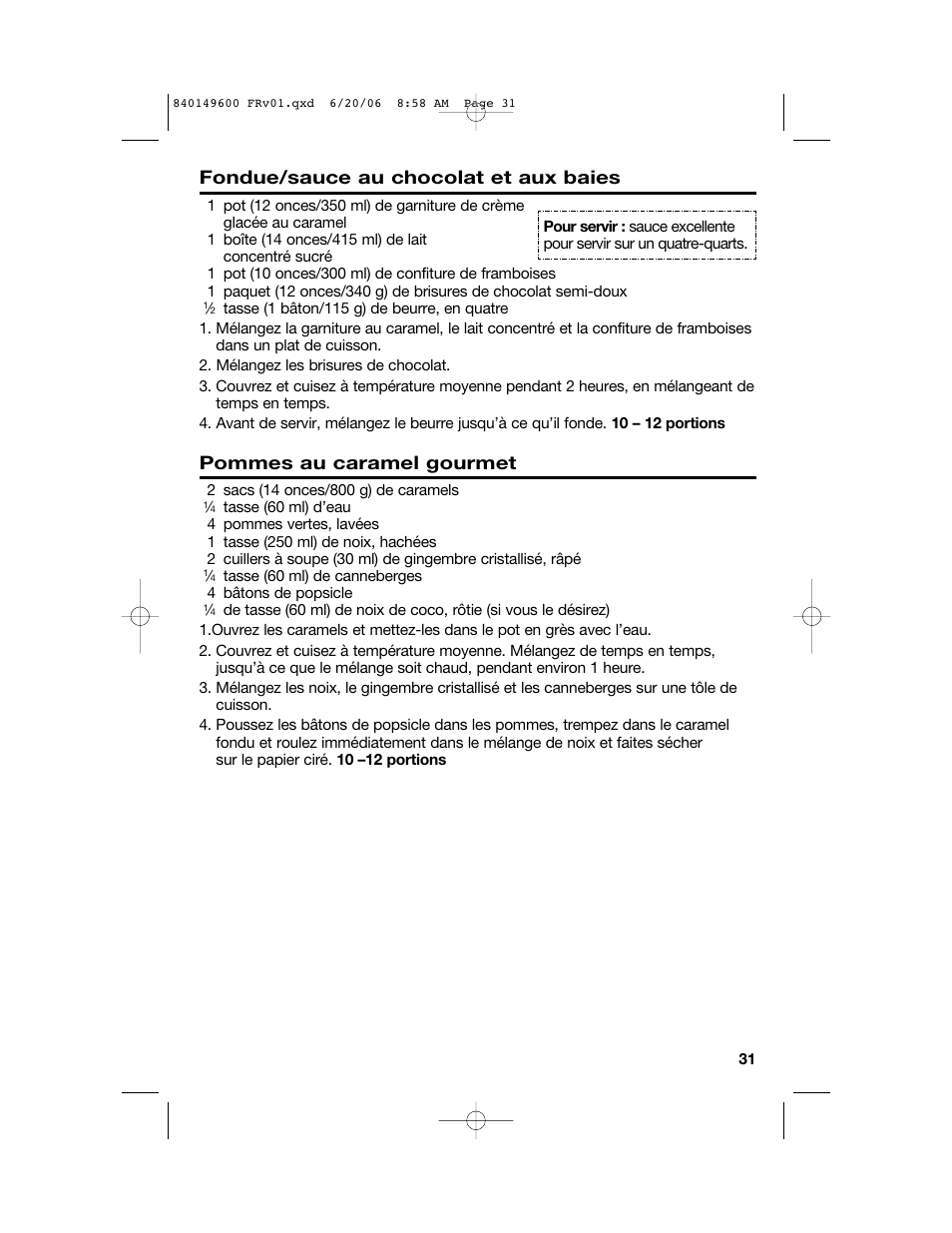 Fondue/sauce au chocolat et aux baies, Pommes au caramel gourmet | Hamilton Beach Party Crock 840149600 User Manual | Page 31 / 52