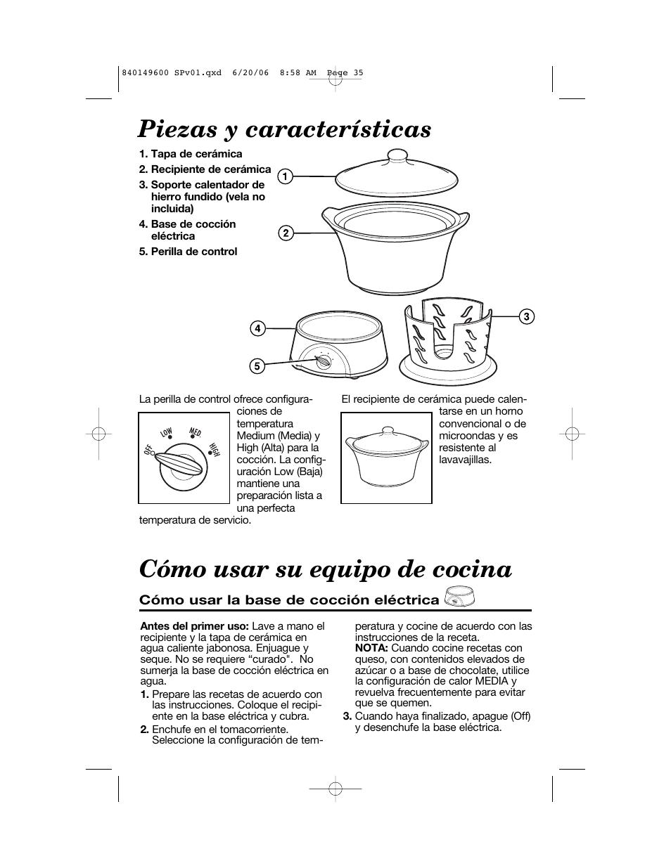 Piezas y características, Cómo usar su equipo de cocina | Hamilton Beach Party Crock 840149600 User Manual | Page 35 / 52