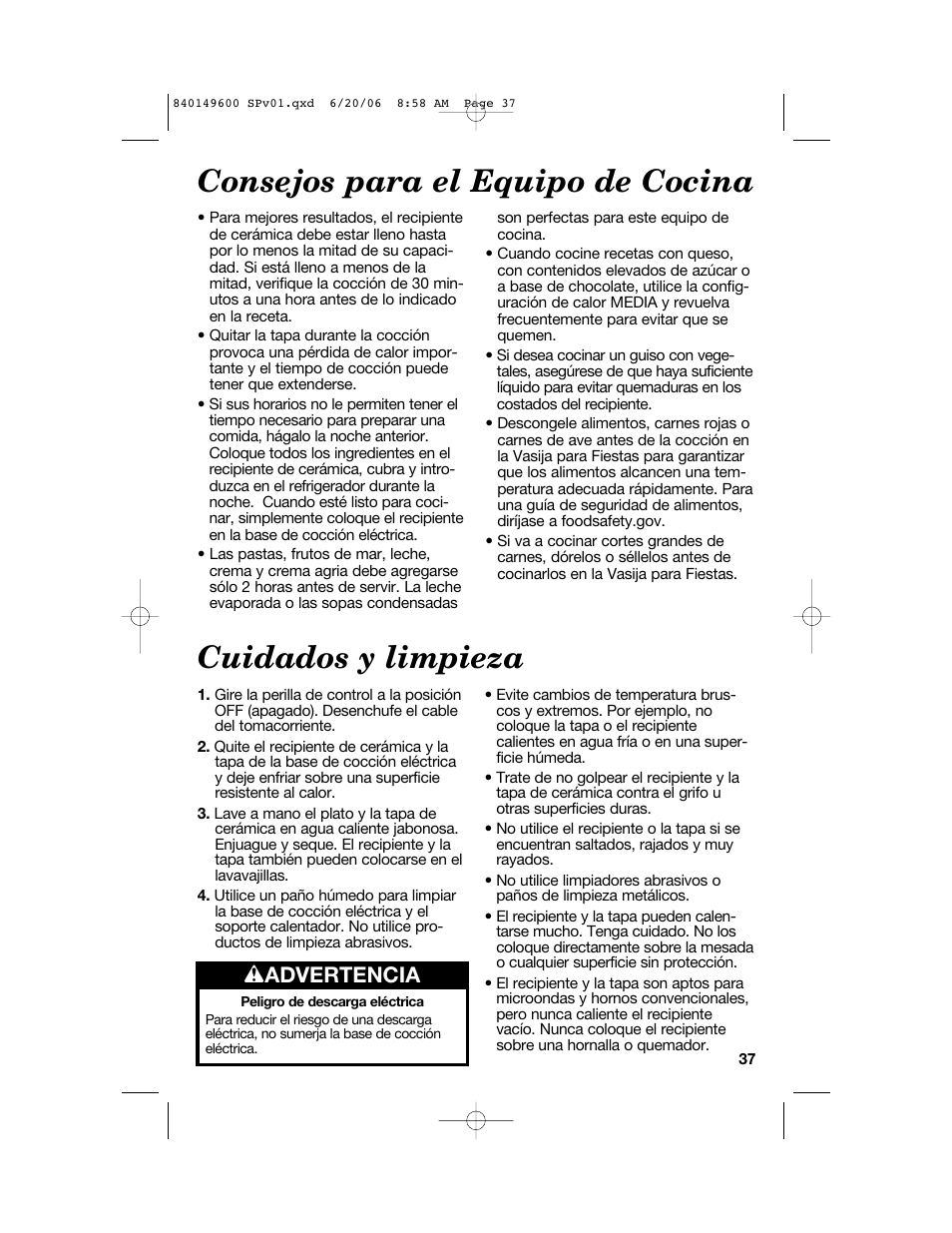 Cuidados y limpieza, Consejos para el equipo de cocina, W advertencia | Hamilton Beach Party Crock 840149600 User Manual | Page 37 / 52