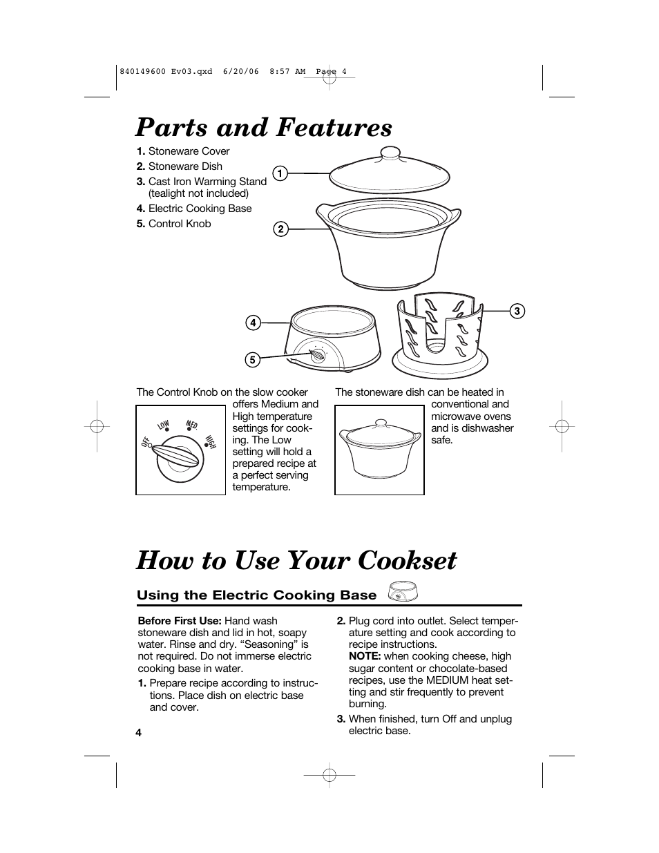 Parts and features, How to use your cookset | Hamilton Beach Party Crock 840149600 User Manual | Page 4 / 52