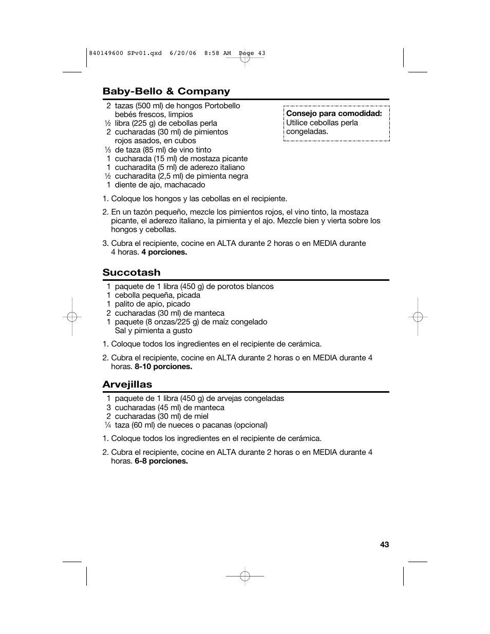Baby-bello & company, Succotash, Arvejillas | Hamilton Beach Party Crock 840149600 User Manual | Page 43 / 52