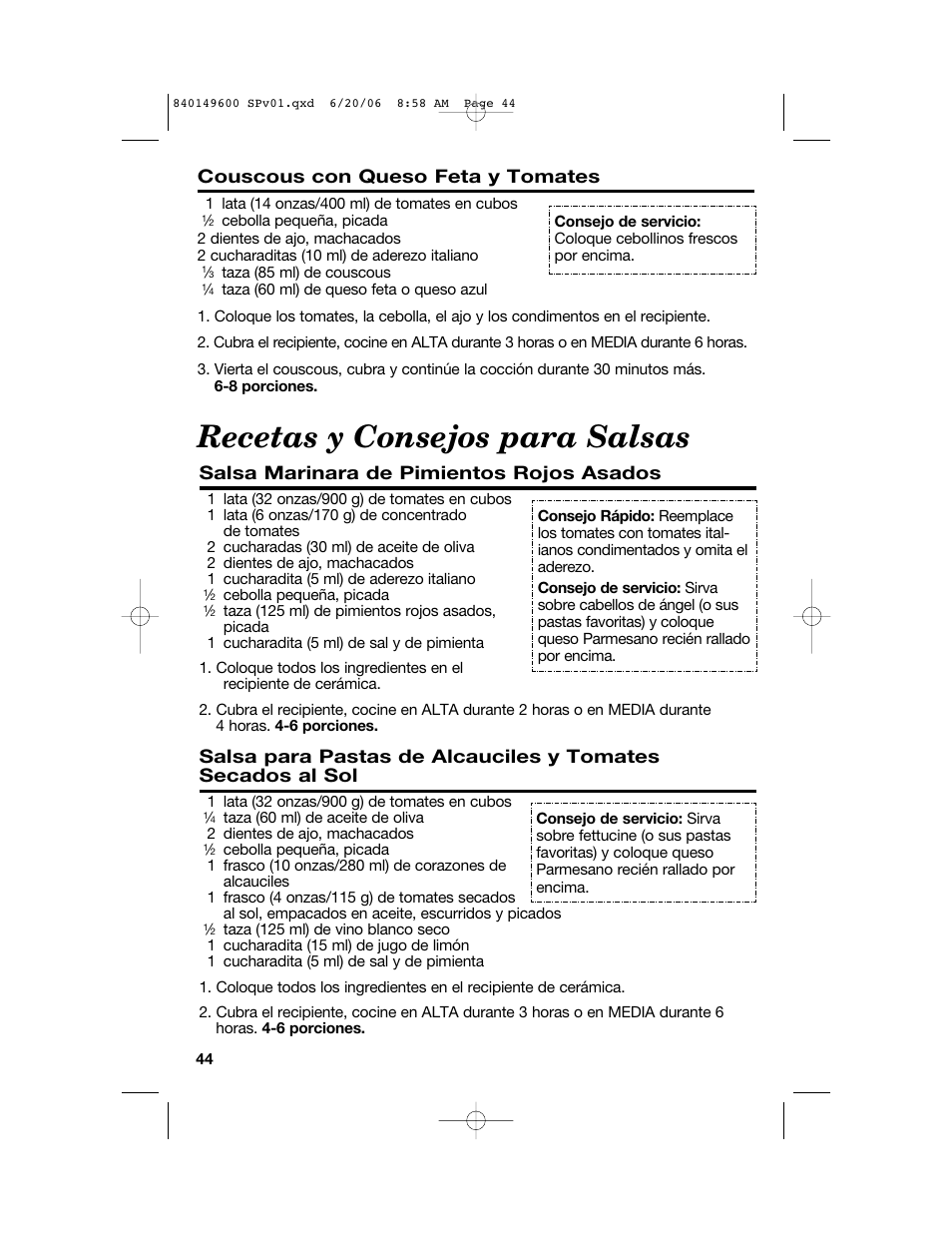 Recetas y consejos para salsas, Couscous con queso feta y tomates, Salsa marinara de pimientos rojos asados | Hamilton Beach Party Crock 840149600 User Manual | Page 44 / 52