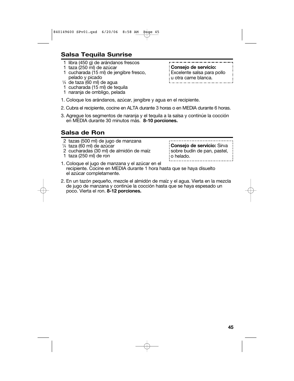 Salsa tequila sunrise, Salsa de ron | Hamilton Beach Party Crock 840149600 User Manual | Page 45 / 52