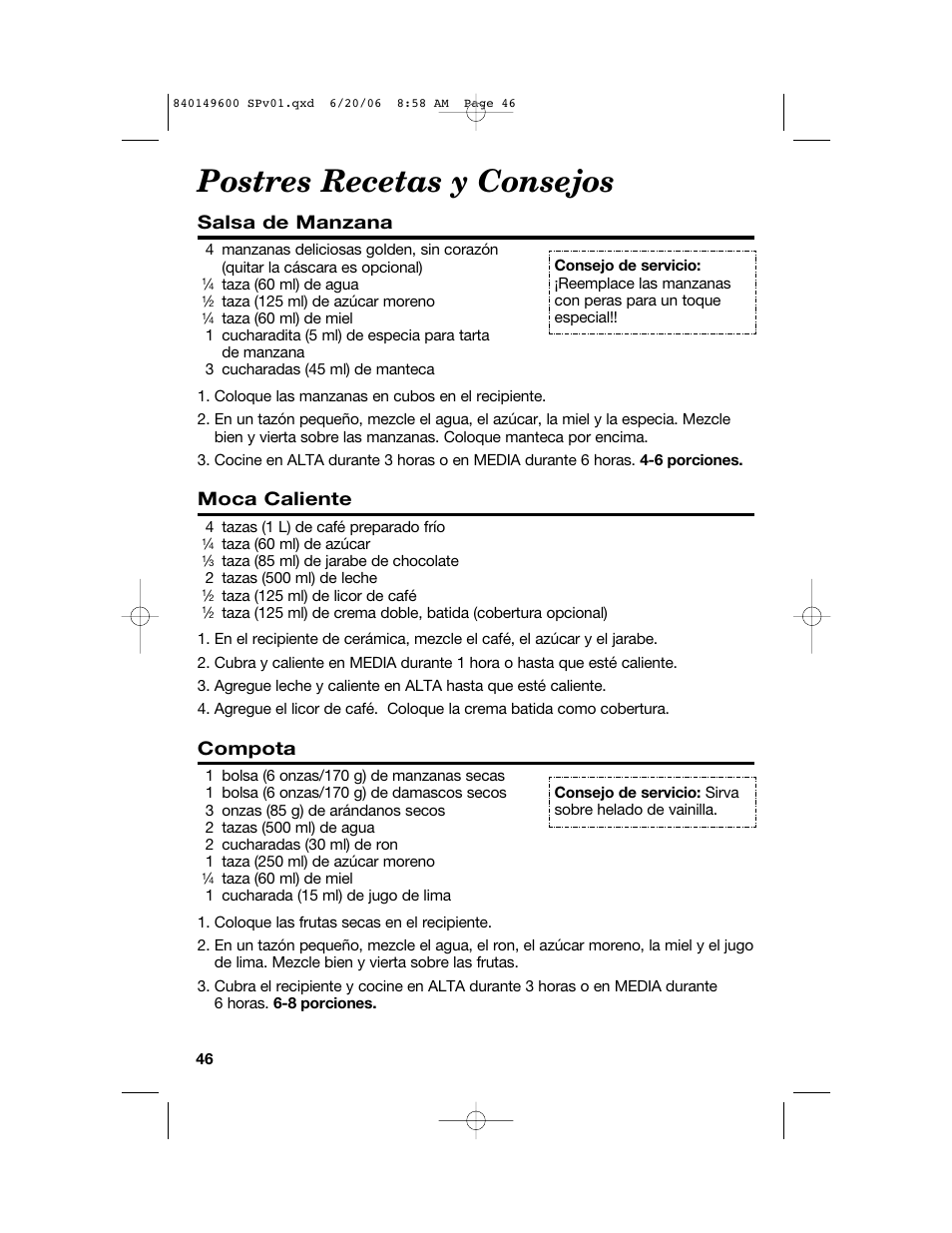 Postres recetas y consejos, Salsa de manzana, Moca caliente | Compota | Hamilton Beach Party Crock 840149600 User Manual | Page 46 / 52