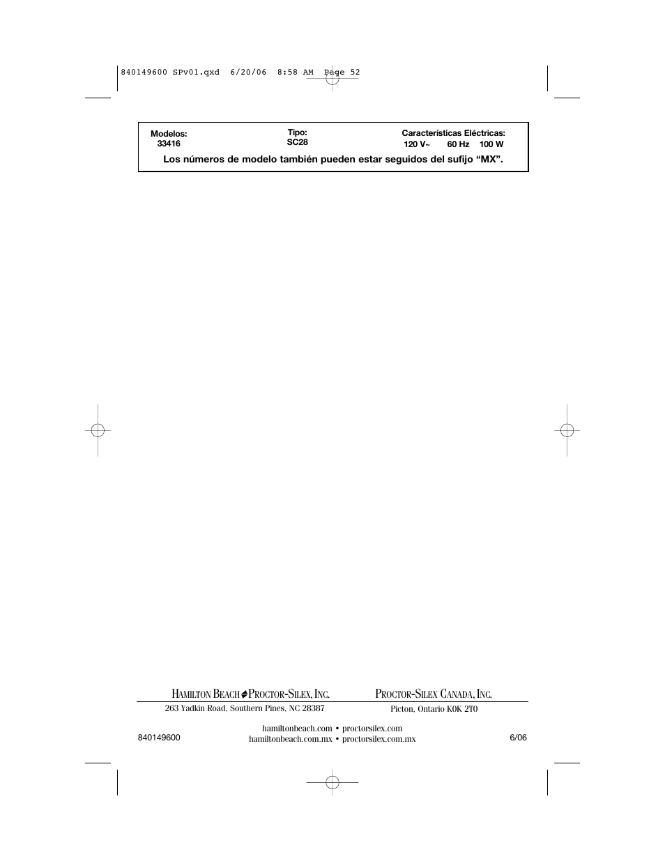 Hamilton Beach Party Crock 840149600 User Manual | Page 52 / 52