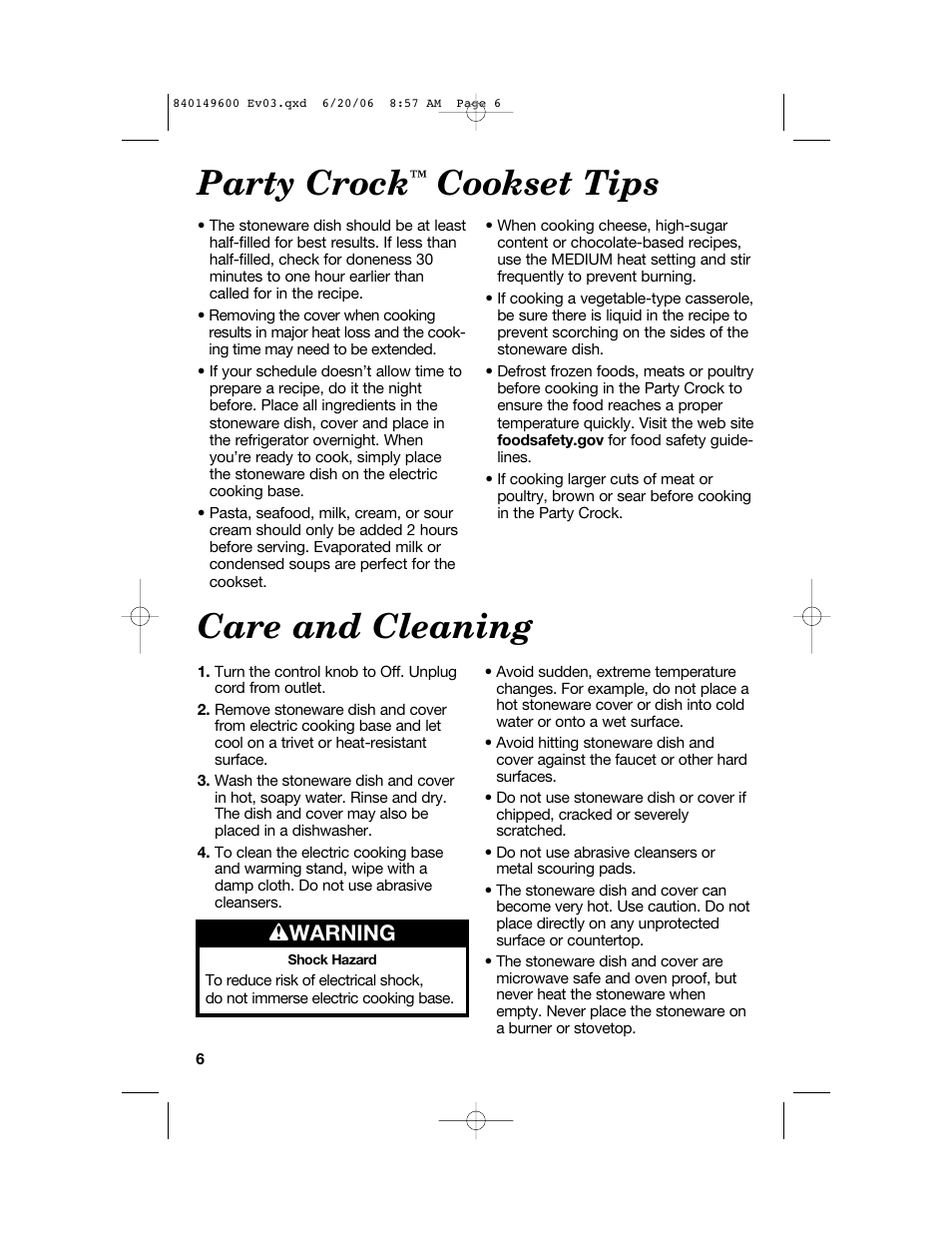 Care and cleaning, Party crock, Cookset tips | W warning | Hamilton Beach Party Crock 840149600 User Manual | Page 6 / 52