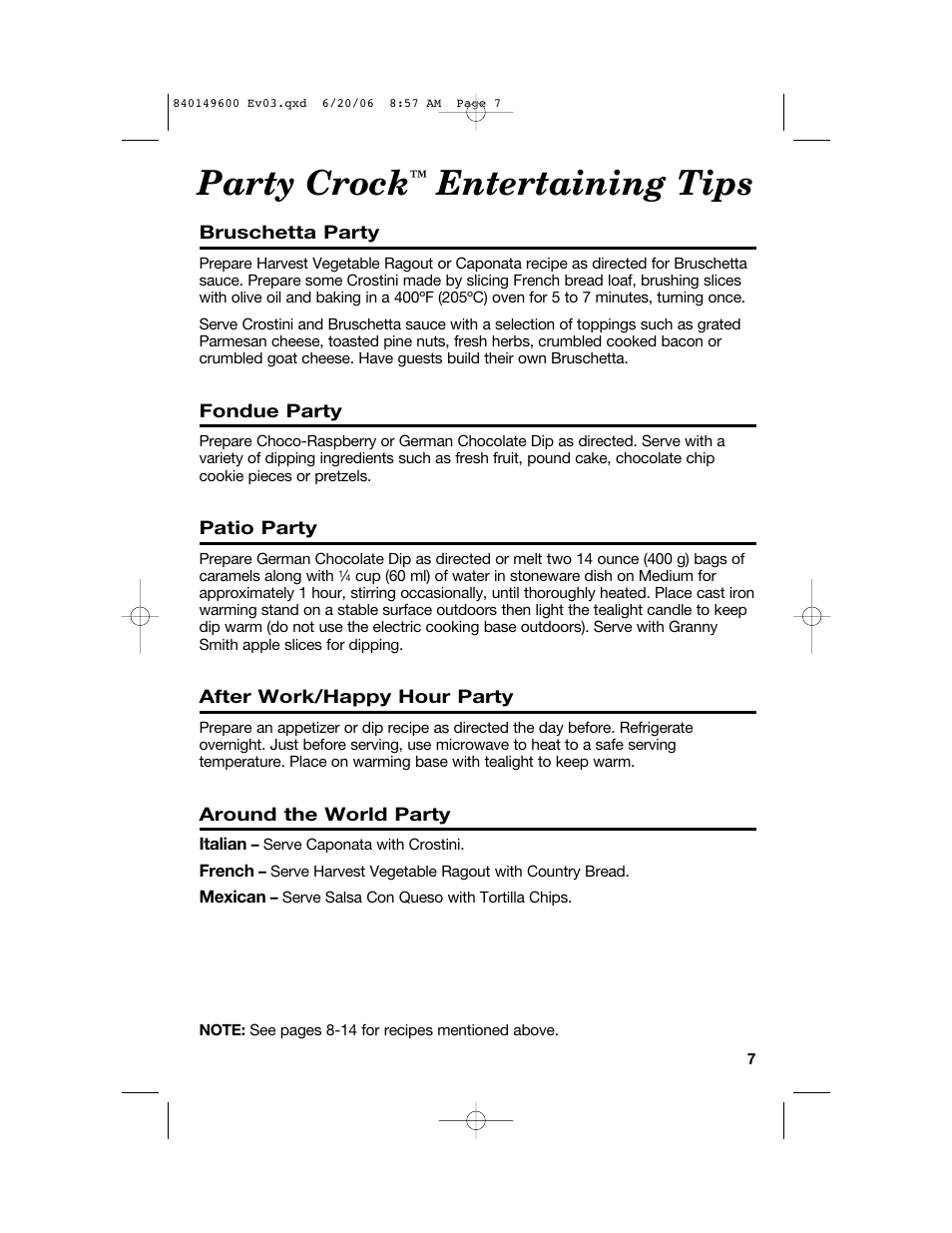 Party crock, Entertaining tips | Hamilton Beach Party Crock 840149600 User Manual | Page 7 / 52