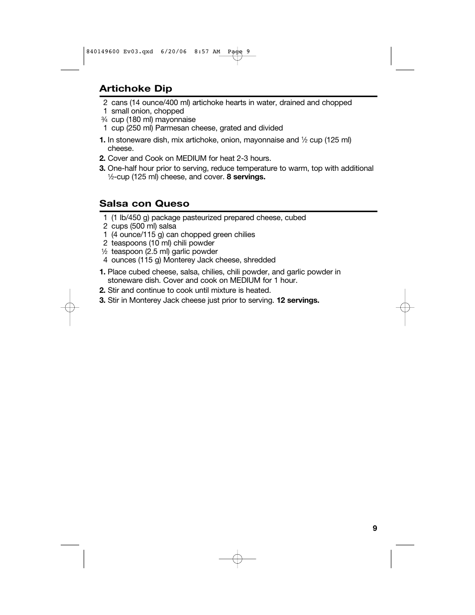 Artichoke dip, Salsa con queso | Hamilton Beach Party Crock 840149600 User Manual | Page 9 / 52