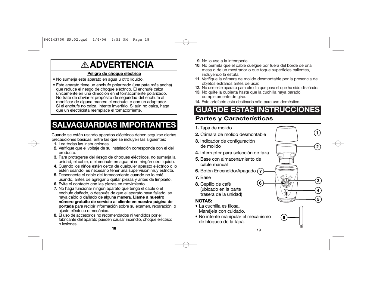 Advertencia, Salvaguardias importantes, Guarde estas instrucciones | Partes y características | Hamilton Beach 80365C User Manual | Page 11 / 16