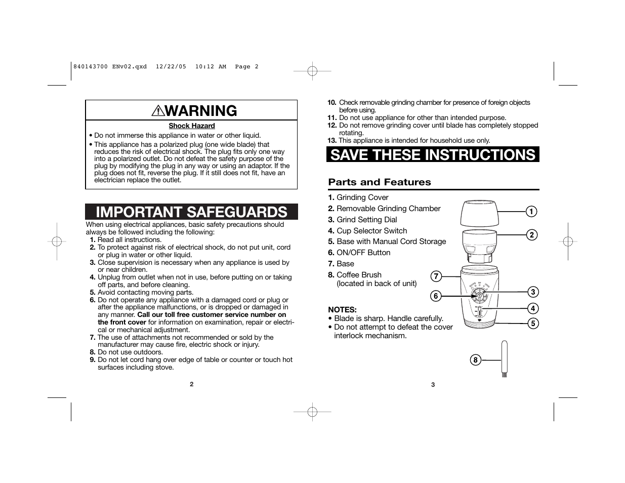 Important safeguards save these instructions, Warning, Parts and features | Hamilton Beach 80365C User Manual | Page 2 / 16