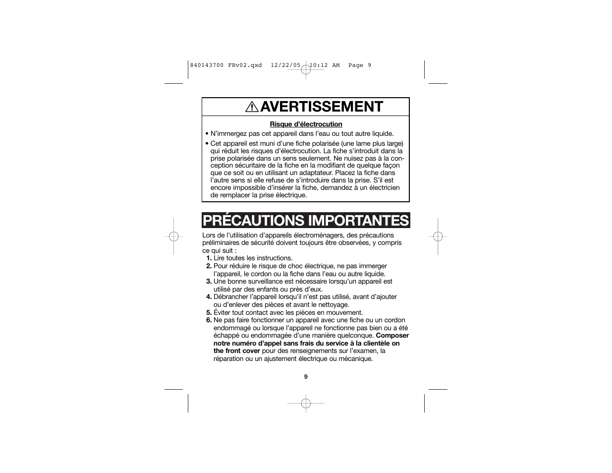 Précautions importantes, Avertissement | Hamilton Beach 80365C User Manual | Page 6 / 16