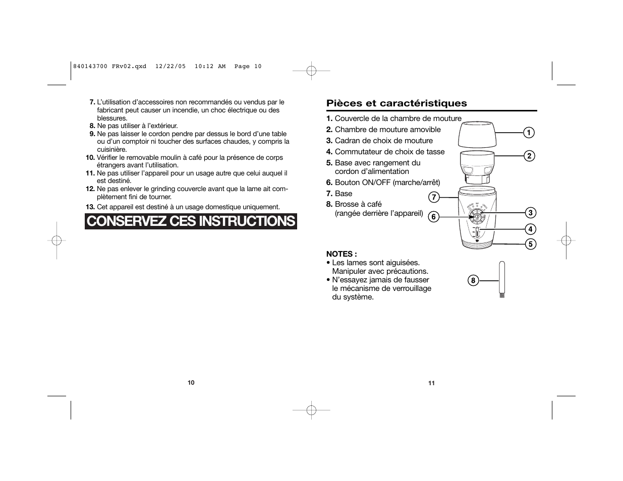 Conservez ces instructions, Pièces et caractéristiques | Hamilton Beach 80365C User Manual | Page 7 / 16