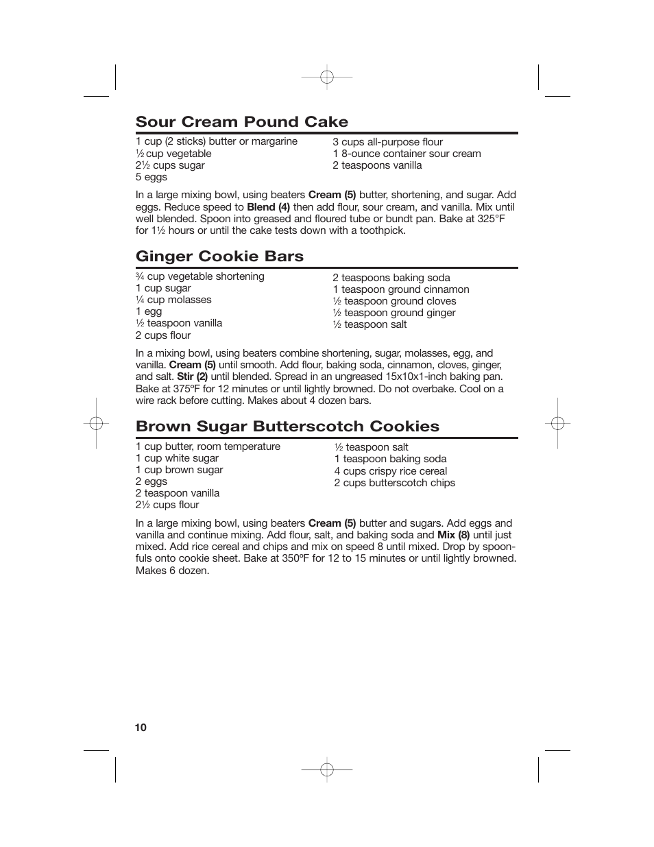 Sour cream pound cake, Ginger cookie bars, Brown sugar butterscotch cookies | Hamilton Beach 60695 User Manual | Page 10 / 12