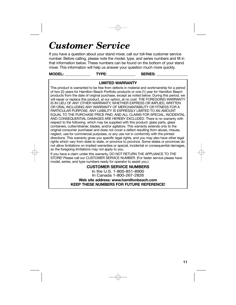 Customer service | Hamilton Beach 60695 User Manual | Page 11 / 12